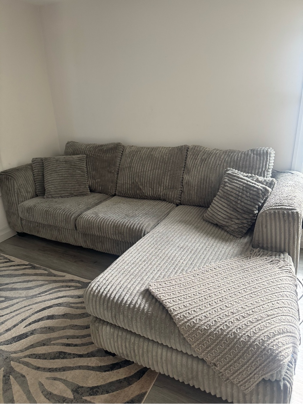 Plush Corduroy Sectional Sofa Chaise in Light Gray